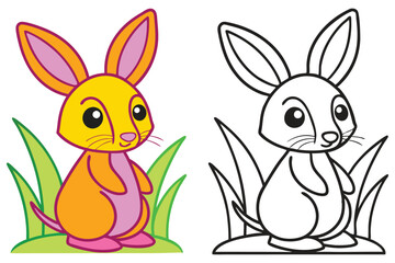 Adorable Cartoon Rabbit in Grass Coloring Page Illustration for Kids
