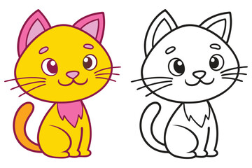 Adorable Cartoon Cat Coloring Page Illustration Two versions of a cute kitten one colored yellow and pink the other black and white for kids