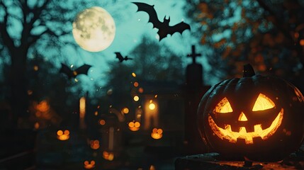 Glowing jack o lantern in graveyard with full moon bats