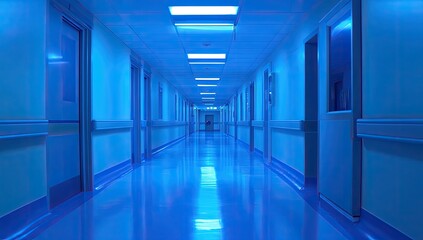 Empty hospital corridor bathed in blue light