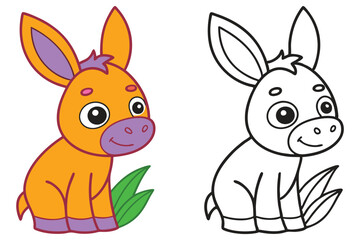 Adorable Cartoon Donkey Illustration Coloring Page for Kids Featuring a Cute Orange Donkey and a Black and White Outline Version