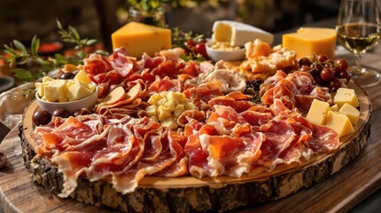 Carnivore diet charcuterie board with assorted cured meats, bone marrow and aged cheeses arranged on rustic wooden platter in warm golden-hour lighting