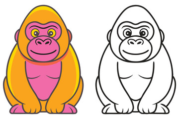 Adorable Cartoon Gorilla Illustration Color and Outline Version for Kids Coloring Book Pages