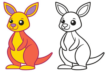 Adorable Cartoon Kangaroo Illustration Coloring Page for Kids Featuring a Cute Yellow and Orange Kangaroo and a Black and White Outline Version for Easy Coloring