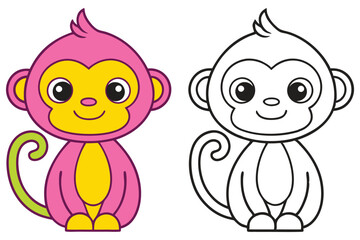 Adorable Pink and White Monkey Coloring Page Illustration for Kids