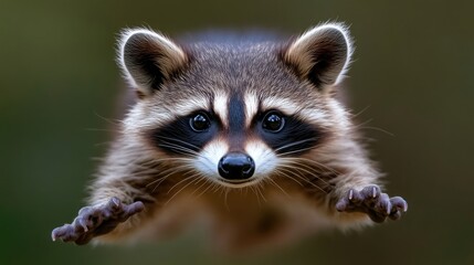 Fototapeta premium Adorable baby raccoon in mid-air, close-up view. Its expressive eyes and fluffy fur are captivating. 