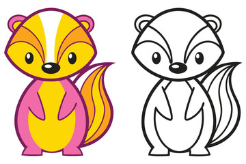 Adorable Cartoon Skunk Coloring Page Illustration Featuring a Cute Yellow and Pink Skunk and a Black and White Outline Version for Kids