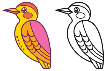 A Colorful Woodpecker and Its Outline for Coloring Pages Bird Illustration for Kids Learning Activities