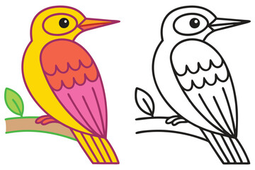 A Colorful Bird on a Branch with a Black and White Outline Version for Coloring Pages