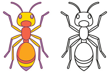 Colorful Ant Illustration and Black and White Coloring Page for Kids Learning Insects