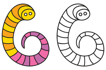 Cute Cartoon Worm with Spiral Tail Colorful and Black and White Illustration for Kids Coloring Book