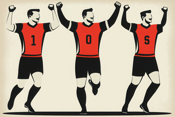 Three stylized soccer players in red jerseys celebrate a victory, showing excitement and enthusiasm with raised arms.
