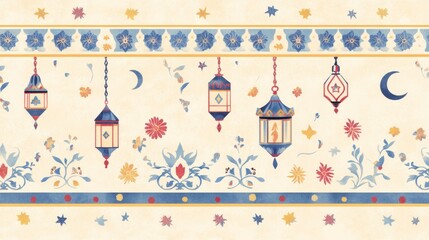 Elegant Blue Lanterns Floral Cream Background Design
