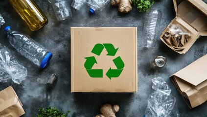 Recycling concept with assorted waste materials and a recycling symbol on a cardboard box