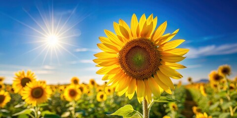 Obraz premium Bright yellow sunflower flower standing tall in a field with clear blue sky above and gentle sunshine filtering through the petals, flowers, garden