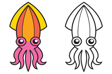 Adorable Cartoon Squid Illustration Color and Outline Version for Kids Coloring Pages and Activities