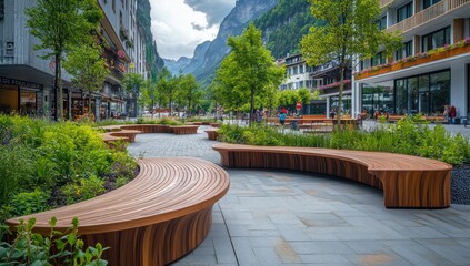 Urban plaza with curved benches, nestled in a picturesque mountain valley