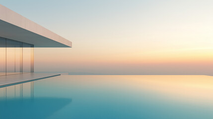 A serene infinity pool, reflecting the sky golden hues, modern luxury aesthetic, cinematic 4K, copy space
