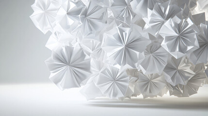 A bunch of white origami paper forming unique polyhedral structures that create an intriguing display of artistry and creativity in natural light.