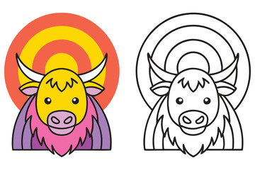 Adorable Cartoon Yak Illustration with Rainbow Background Coloring Page