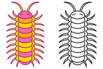 Cute Cartoon Centipede Illustration Coloring Page with Pink and Yellow Segments