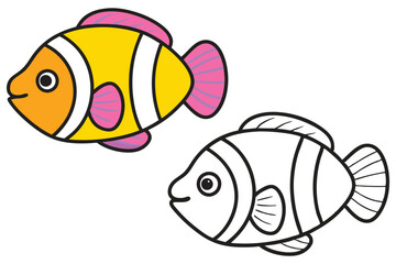 Cute Cartoon Clownfish Illustration Coloring Page for Kids Learning