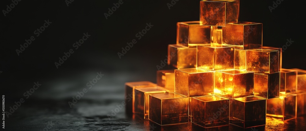 Aufkleber glimmering transparent cubes with illuminated amber light creating an elegant, artistic display on a