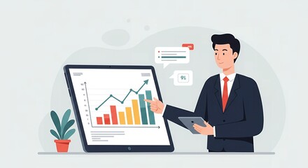 Businessman Presenting Growth Chart on Tablet Successful Strategy Financial Report Data Analysis