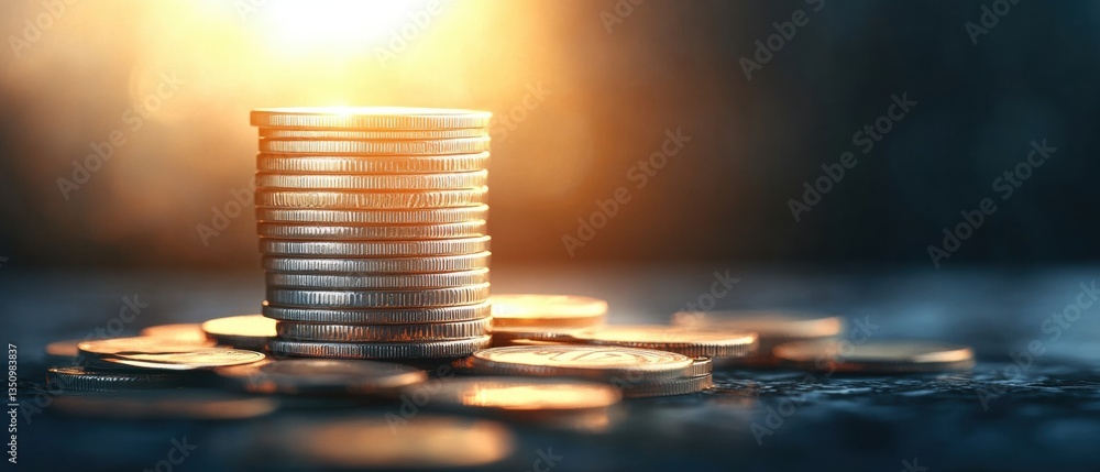Aufkleber stacked coins glowing in bright sunlight with a soft depth of field creating a cozy and warm financi