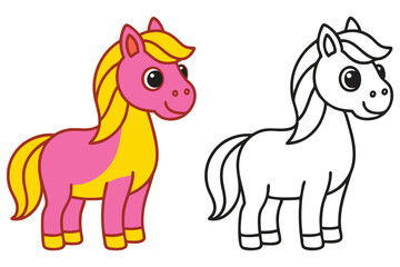 Adorable Pink Pony and its Coloring Page Outline Illustration for Kids