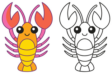Adorable Cartoon Lobster Illustration Color and Line Art Version