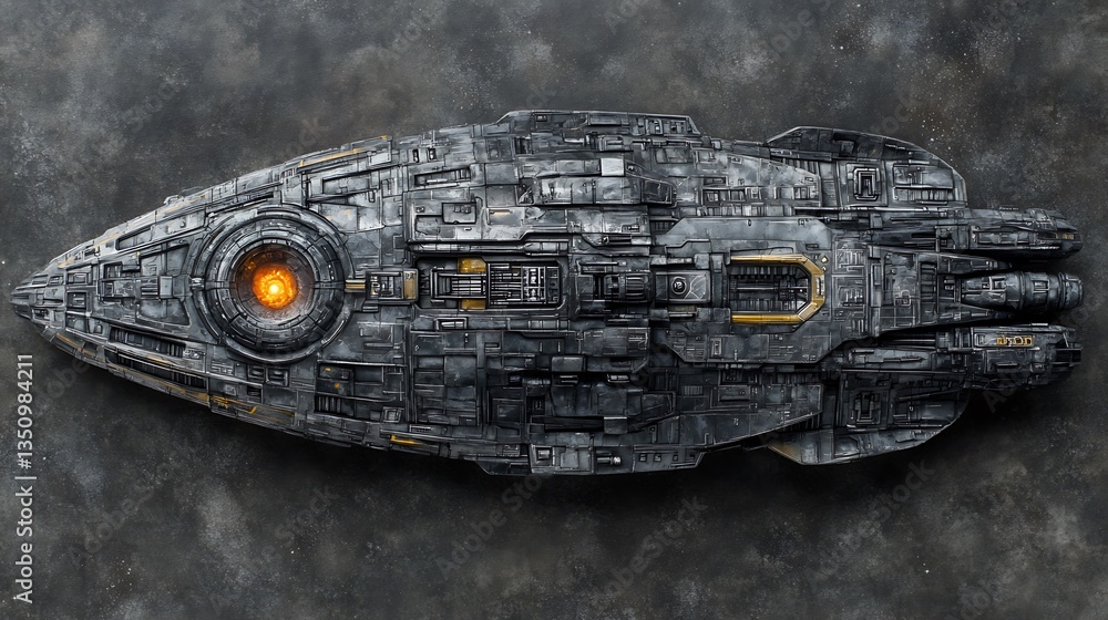 Poster detailed overhead image depicts a futuristic spaceship in outer space