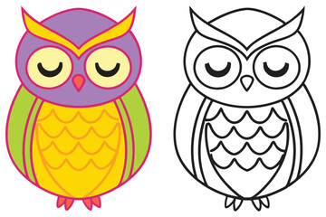 Adorable Cartoon Owl Illustration Colored and Outlined Version for Coloring Pages and Activities