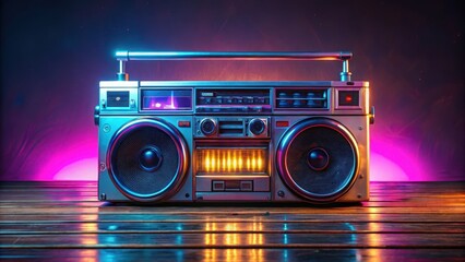 Retro futuristic boombox with neon lights and metallic finish on a wooden desk, neon, boombox, neon,boombox