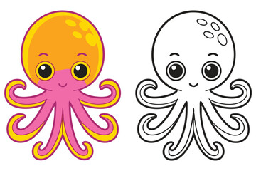 Adorable Cartoon Octopus Coloring Page Illustration Two Versions Cute Sea Creature