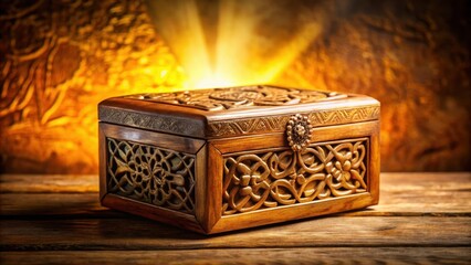 Warm golden glow on wooden decorative box with intricate carvings and natural textures, gold background, rustic charm