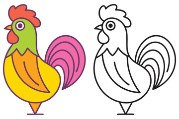 Colorful Rooster Illustration and Coloring Page Design for Kids Learning Activities