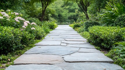 Obraz premium Spring flora pathway through nature garden stone walkway peaceful environment vibrant view