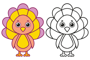 Adorable Cartoon Turkey Coloring Page Illustration for Kids Thanksgiving