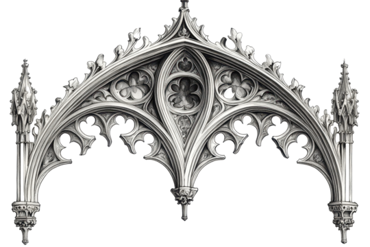 Gothic Arch Architectural Detail Intricate Design Black and White Illustration, isolated on transparent background
