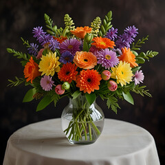 A vibrant floral bouquet in a clear glass vase, featuring orange, yellow, and purple blossoms with lush green foliage. Set against a dark background, this elegant arrangement brings warmth and beauty 