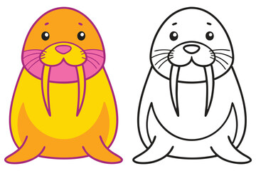Adorable Cartoon Walrus Illustration Coloring Page for Kids Featuring a Cute Orange Walrus and a Black and White Outline Version