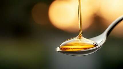 Golden liquid pouring from a spoon onto a shiny surface, bokeh background.