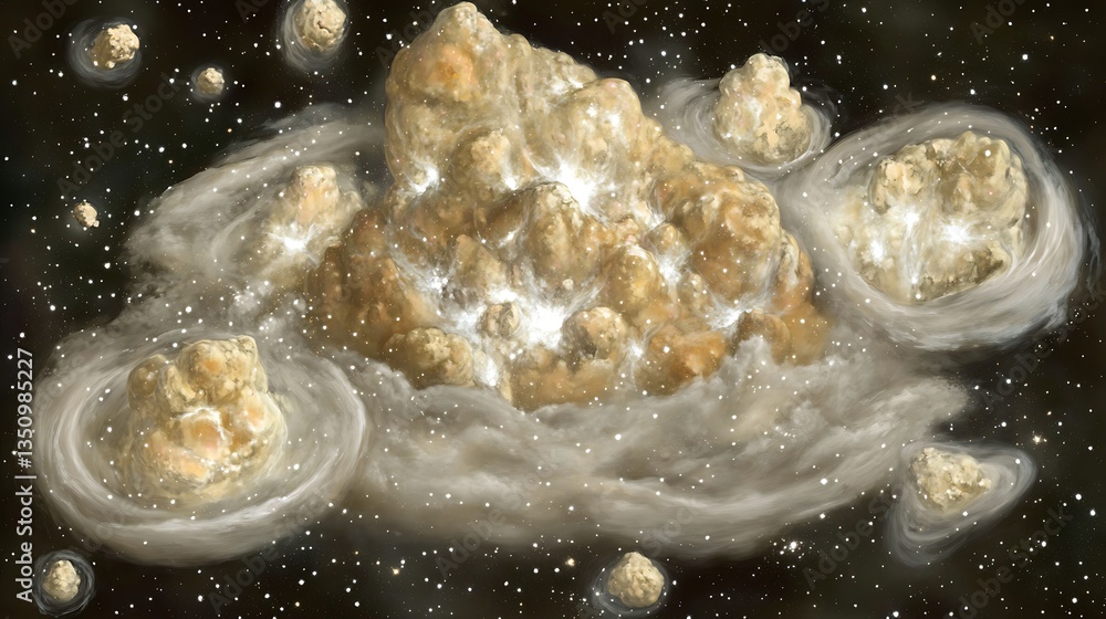 Poster a depiction of space featuring celestial clouds and asteroids