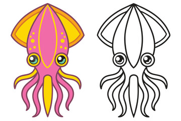 Adorable Cartoon Squid Illustration Pink and Black and White Coloring Page Cute Sea Creature Ocean Animal Design