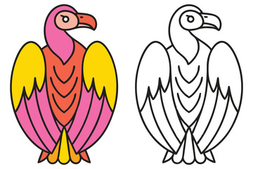 Colorful and Line Art Drawing of a Vulture Bird Illustration for Kids Coloring Book Pages