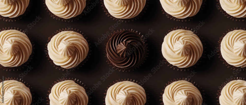 Poster deliciously frosted cupcakes arranged in a symmetrical pattern with one unique dark chocolate center