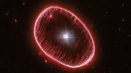 A vibrant red nebula shines brightly in dark outer space