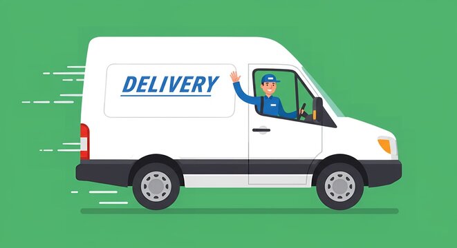 Fast Delivery Service Van with Happy Driver Waving Speeding Along Green Background