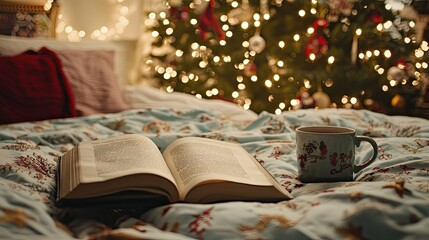 Cozy christmas scene featuring an open book and coffee mug